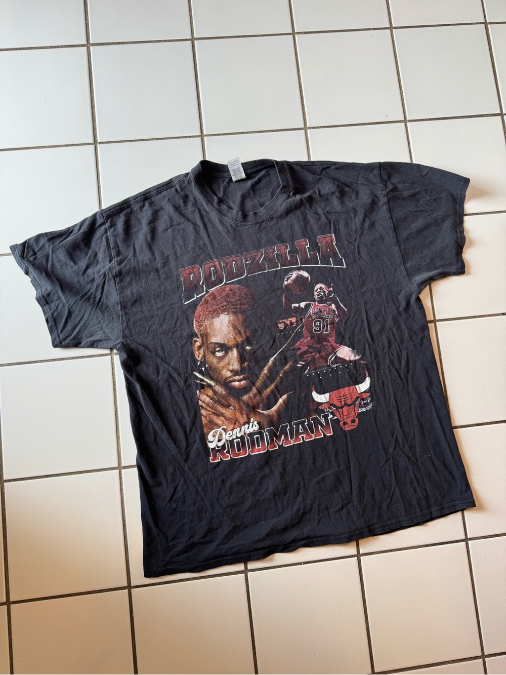Dennis Rodman Graphic T-Shirt Faded Black Chicago Bulls NBA Basketball Size XL